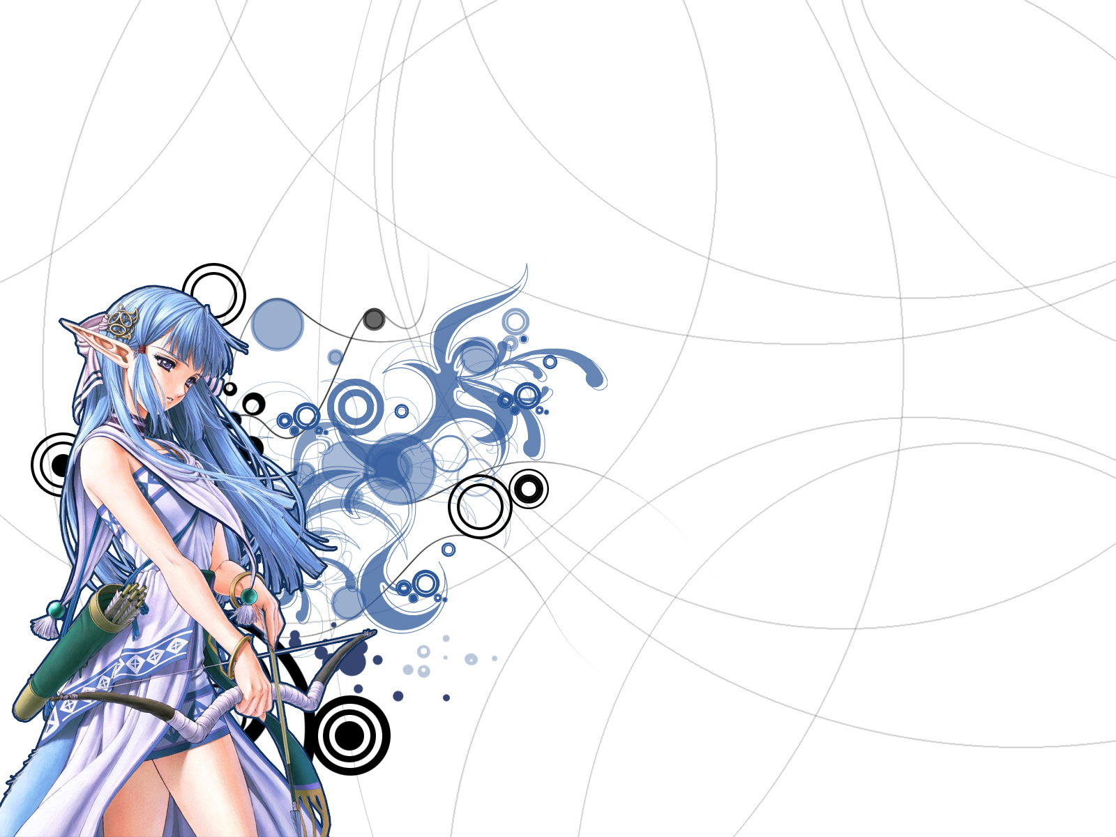 blue_eyes, blue_hair, bow_(weapon), long_hair, pointed_ears, weapon, white, ys