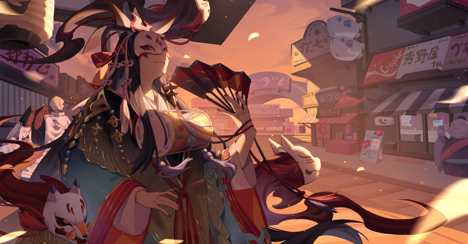 abe_no_seimei_(onmyouji), all_male, building, city, cropped, fan, japanese_clothes, kan_(rainconan)