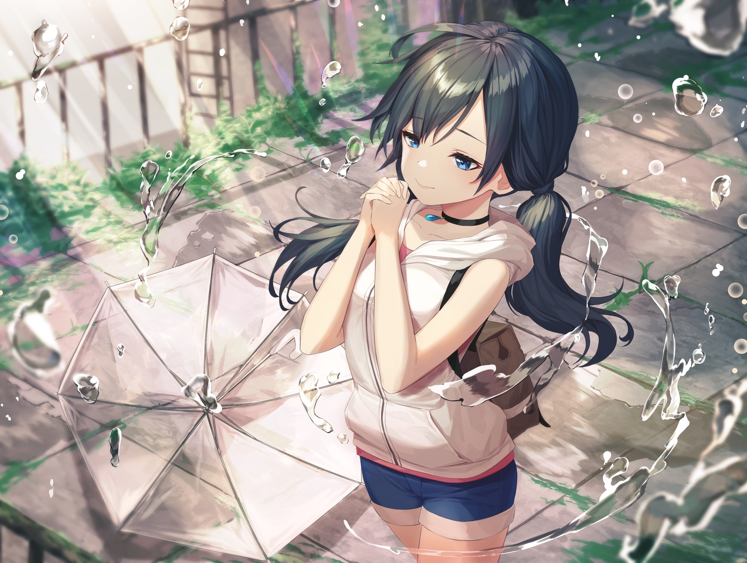 amano_hina, black_hair, blue_eyes, choker, hood, long_hair, munseonghwa, shorts