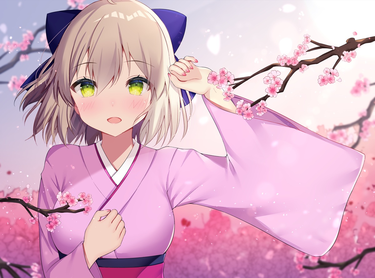 aozora_nan, blonde_hair, blush, cherry_blossoms, close, fate/grand_order, fate_(series), flowers, green_eyes, japanese_clothes, kimono, okita_souji_(fate), short_hair