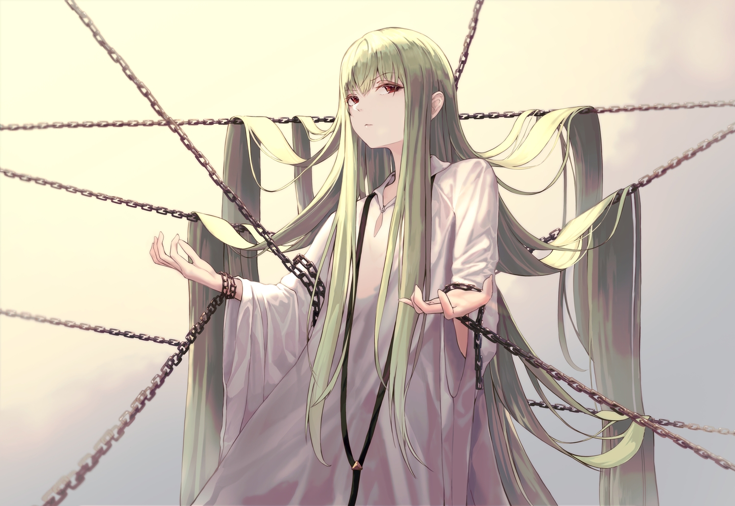 all_male, chain, enkidu, fate/grand_order, fate_(series), green_hair, ita_(itta), jpeg_artifacts