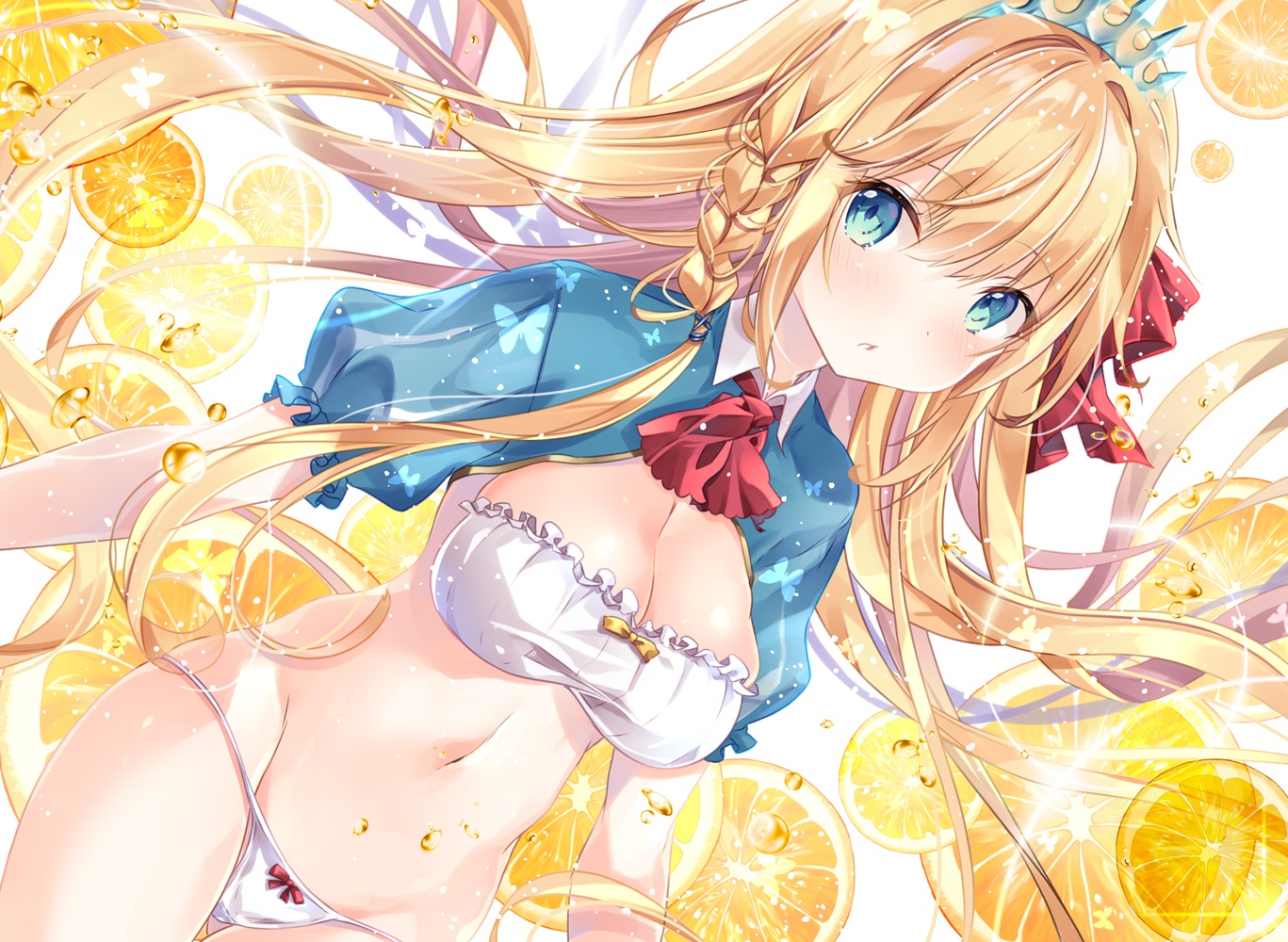 blonde_hair, breasts, cleavage, food, fruit, kurun_(kurun777), long_hair, navel, orange_(fruit), panties, pecorine, princess_connect!, tiara, underwear