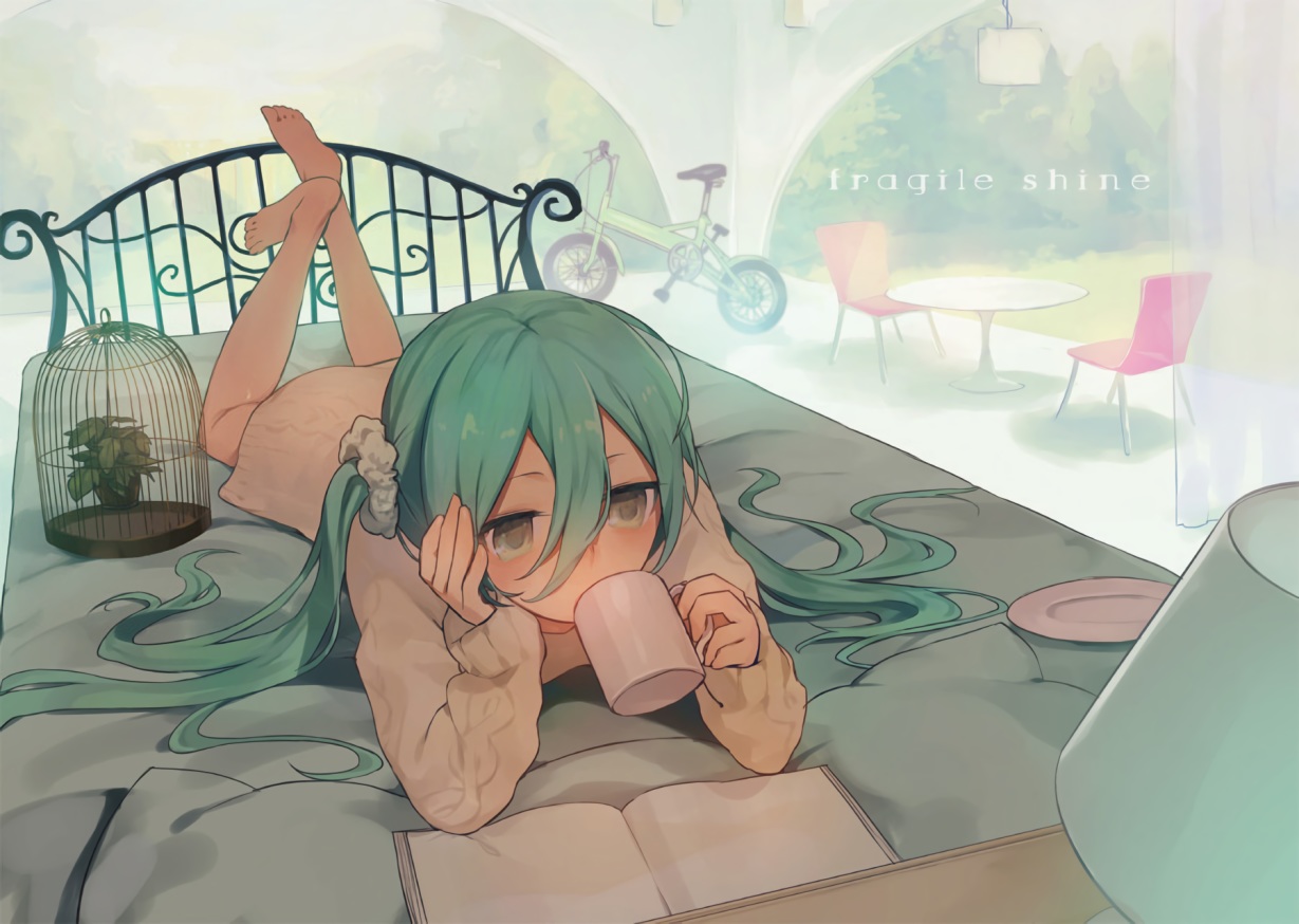 barefoot, bed, bicycle, book, brown_eyes, cage, green_hair, hatsune_miku