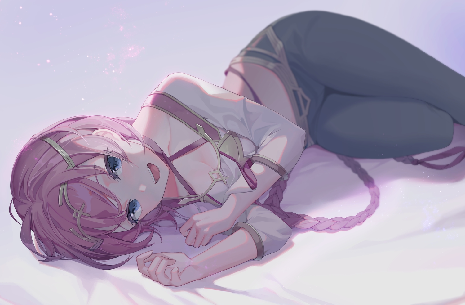 blue_eyes, braids, breasts, chyo, cleavage, epic7, headband, long_hair, pink_hair, tenebria_(epic7)