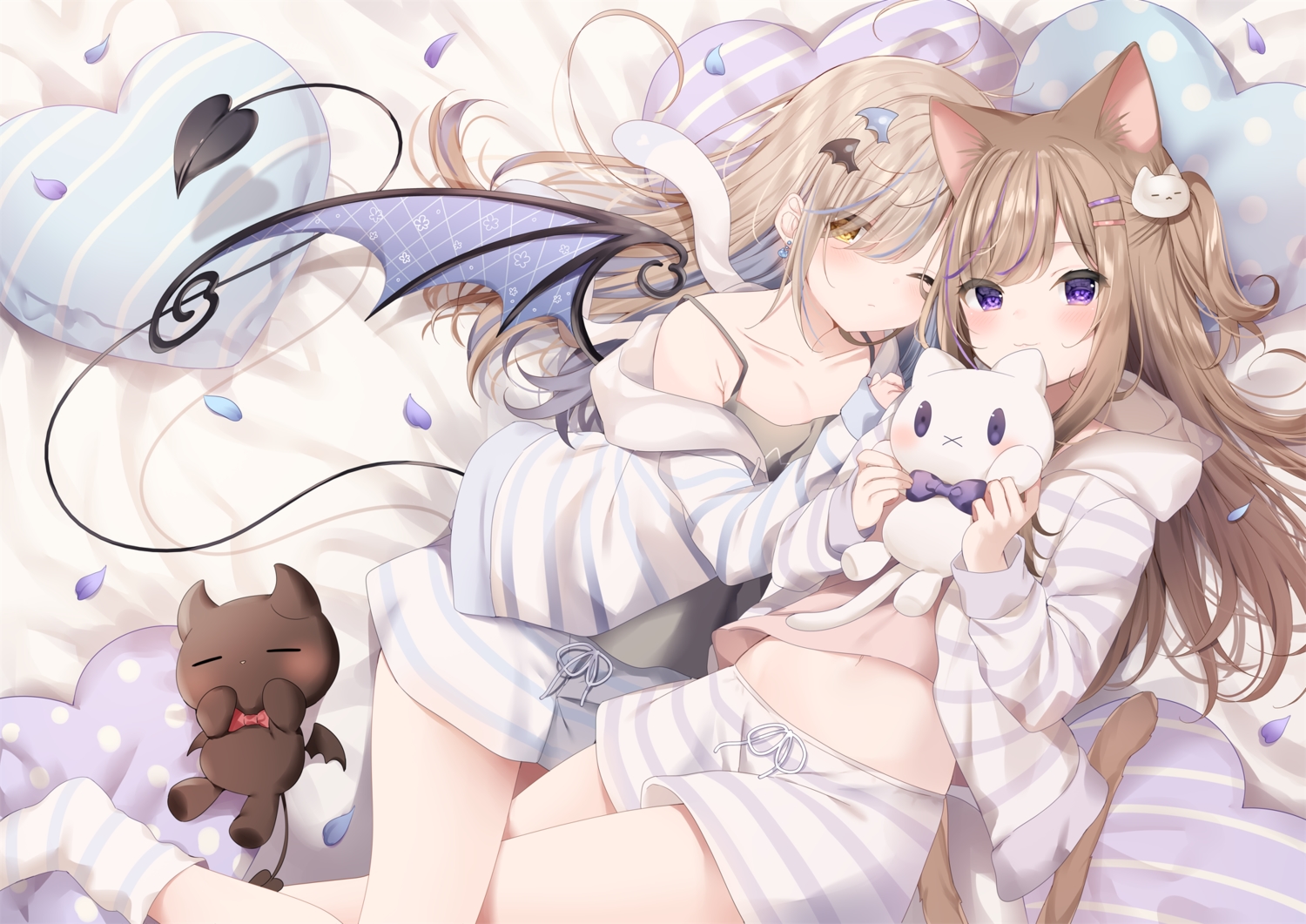 animal_ears, blonde_hair, blush, bow, brown_hair, bunny_ears, catgirl, cat_smile, demon, hood, leo_(mafuyu), long_hair, mafuyu_(chibi21), navel, original, pajamas, petals, purple_eyes, ruty_(mafuyu), shorts, socks, tail, wings, wink, yellow_eyes