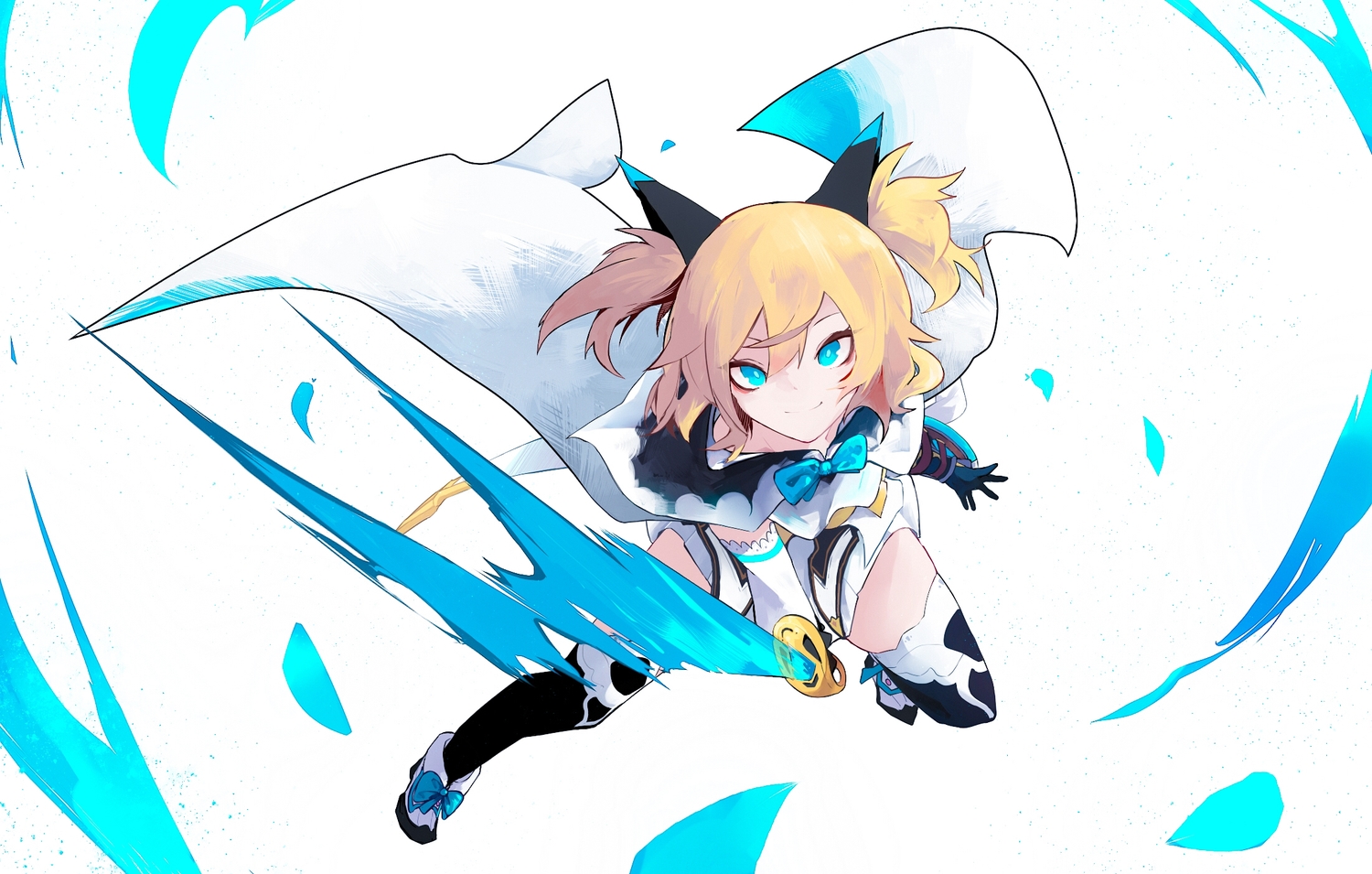 aqua_eyes, blonde_hair, bow, cape, celtie_(world_flipper), elbow_gloves, gloves, magic