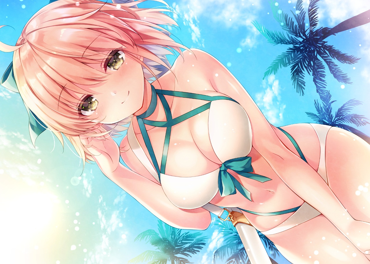 aliasing, bikini, blonde_hair, blush, breasts, cleavage, clouds, fate/grand_order