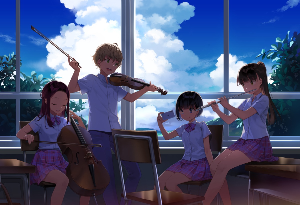 aliasing, blue_eyes, bow, brown_hair, camera, clouds, green_eyes, group