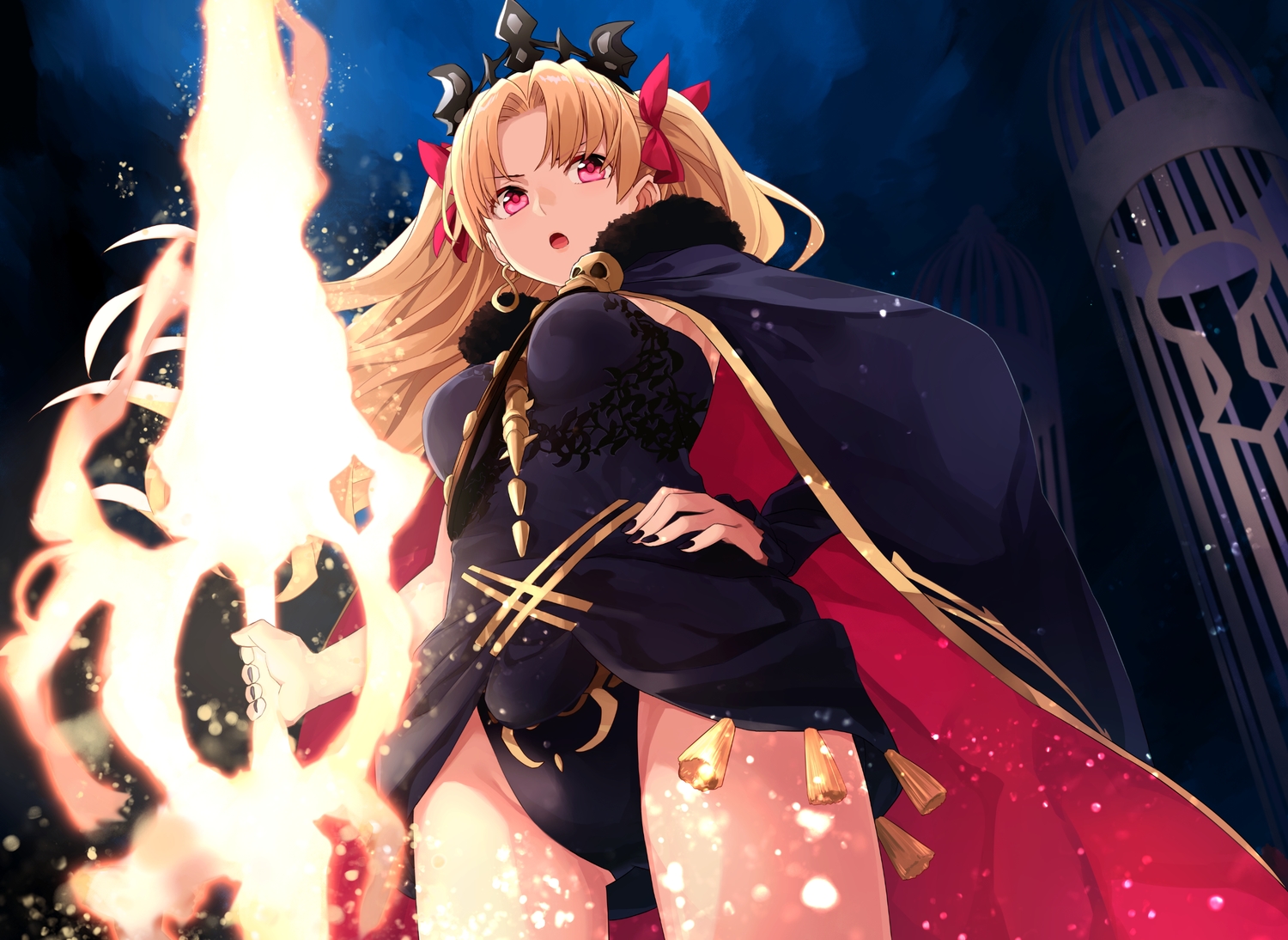 blonde_hair, cage, cape, ereshkigal_(fate/grand_order), fate/grand_order, fate_(series), long_hair, sword