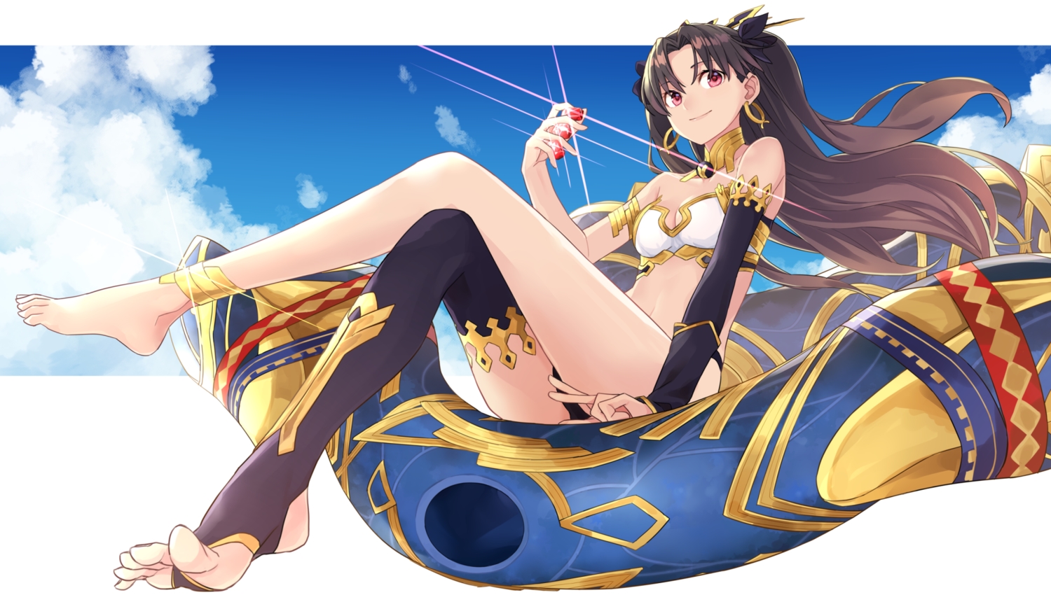 barefoot, breasts, brown_hair, cleavage, clouds, cropped, fate/grand_order, fate_(series)