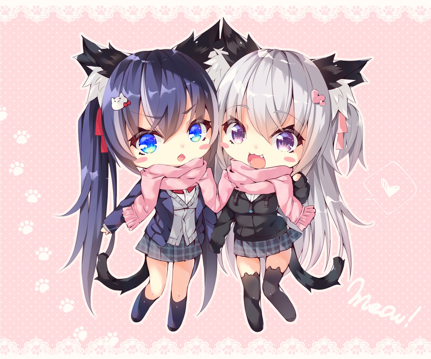 2girls, animal_ears, aqua_eyes, black_hair, catgirl, cat_smile, chibi, fang