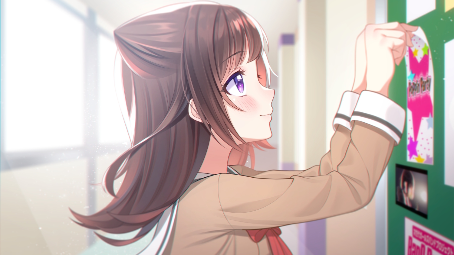 bang_dream!, blush, brown_hair, close, paper, purple_eyes, school_uniform, the_cold