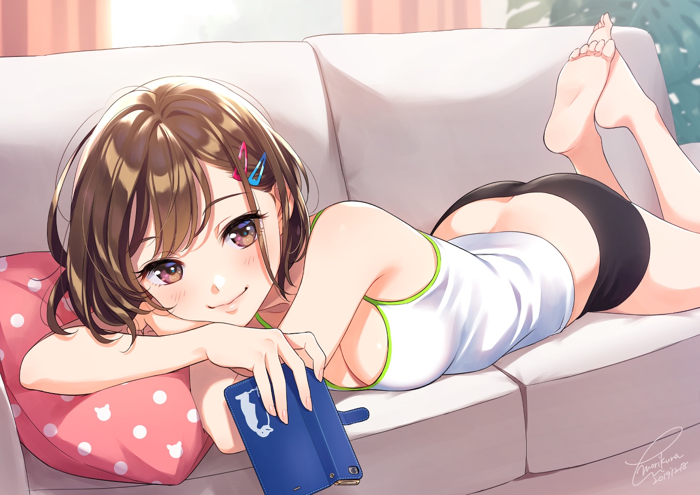 barefoot, breasts, brown_eyes, brown_hair, cleavage, couch, morikura_en, original