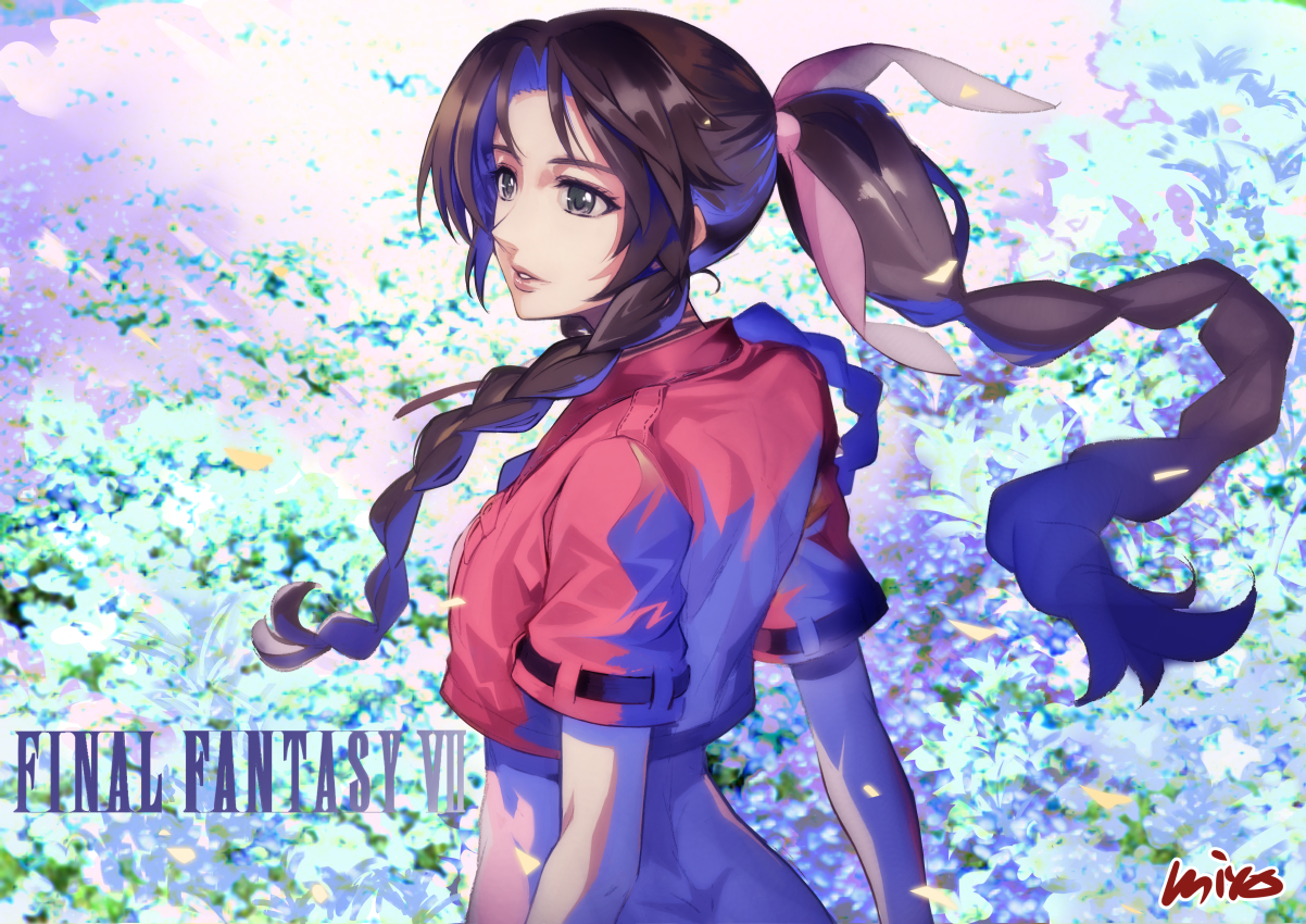 aerith_gainsborough, black_eyes, black_hair, braids, final_fantasy, final_fantasy_vii, long_hair, miyo_(13th_floor), petals, ponytail, signed, twintails