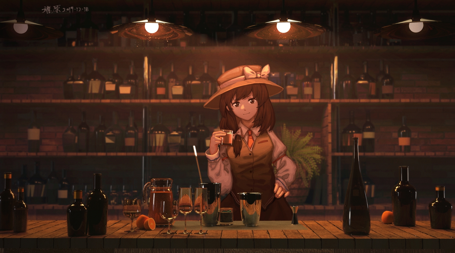 3d, bow, brown_eyes, brown_hair, drink, furahata_gen, hat, shirt, short_hair, skirt, tie, touhou, usami_renko
