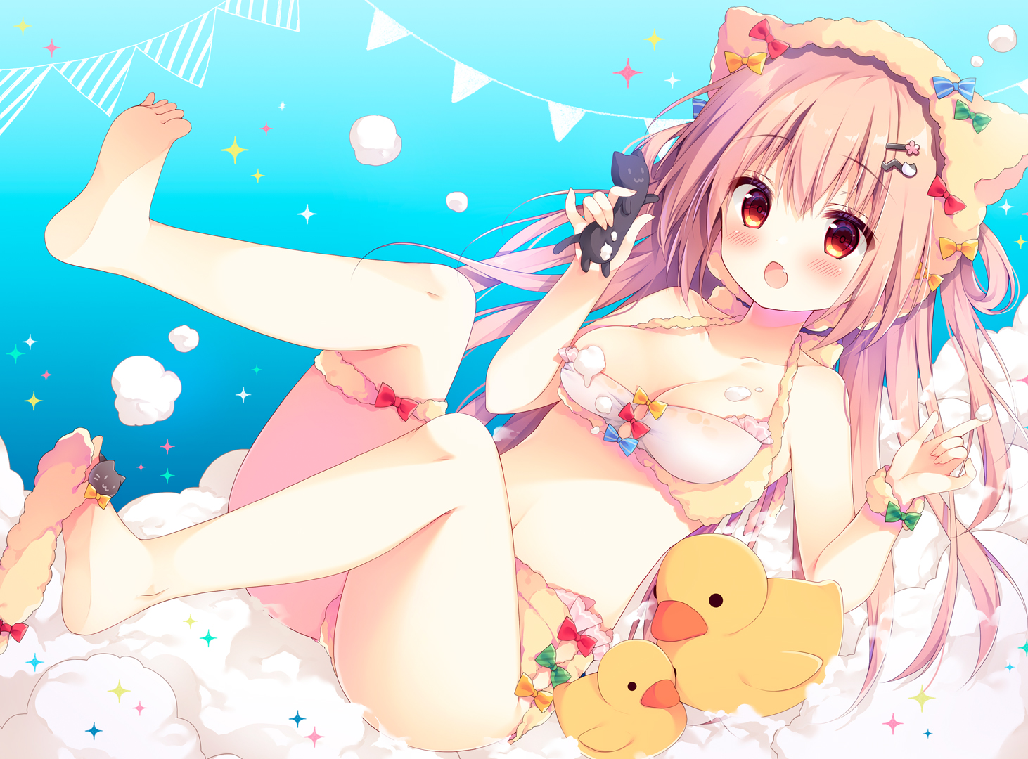 animal_ears, barefoot, bikini, blush, bow, breasts, brown_hair, cleavage, fang, gradient, izumiyuhina, long_hair, navel, original, red_eyes, rubber_duck, swimsuit, wristwear