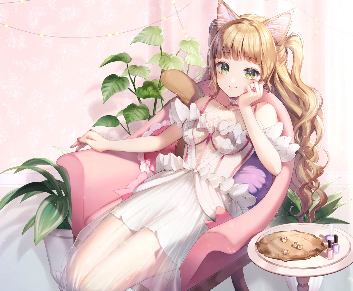 animal_ears, blonde_hair, catgirl, dress, green_eyes, leaves, long_hair, momoshiki_tsubaki