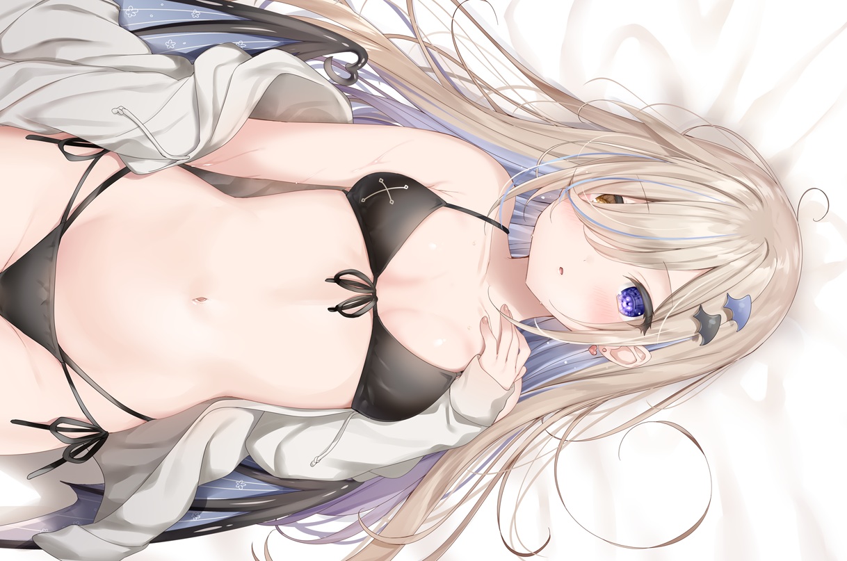 bicolored_eyes, bikini, blonde_hair, demon, hood, long_hair, mafuyu_(chibi21), navel