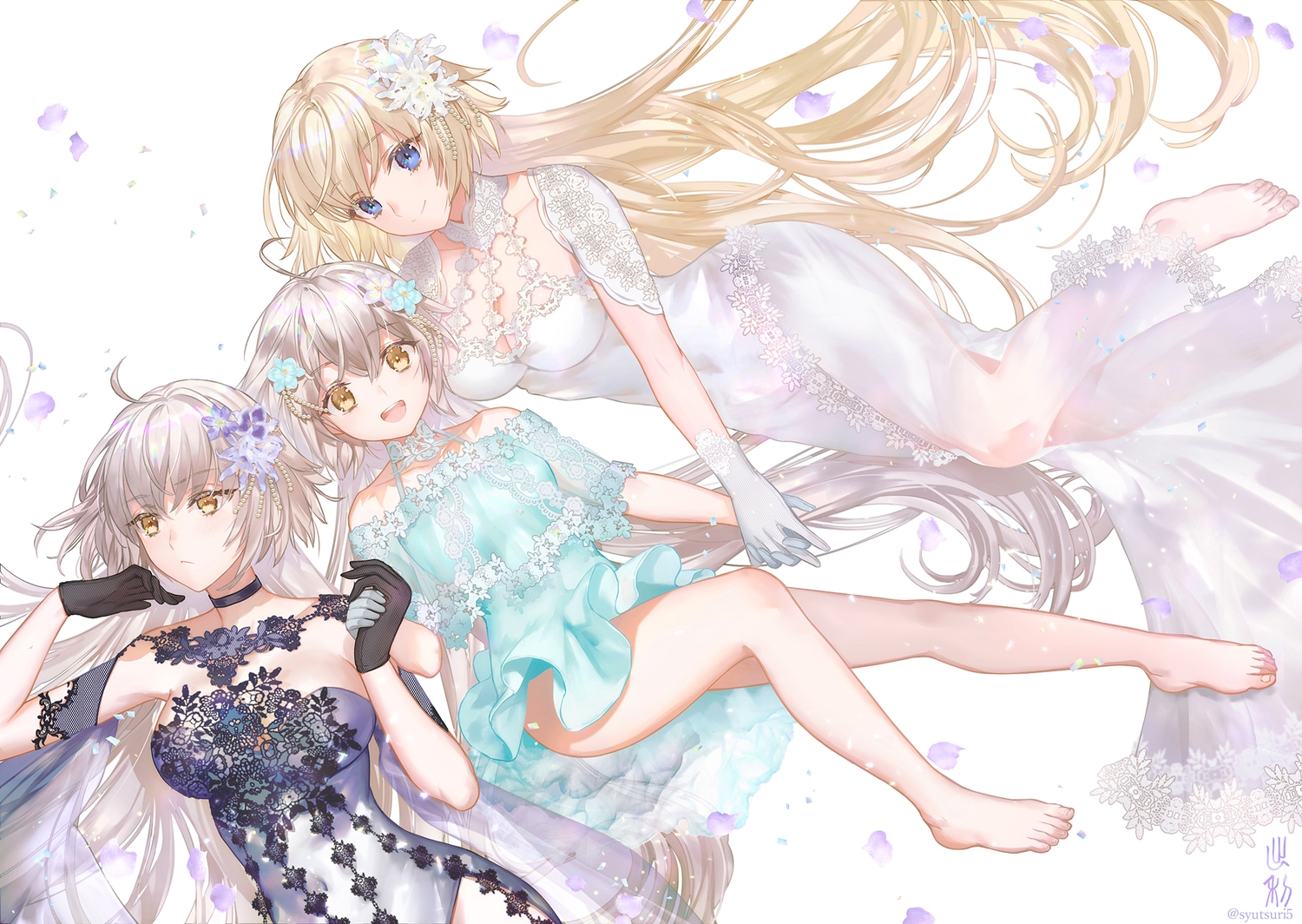 barefoot, blonde_hair, blue_eyes, dress, fate/grand_order, fate_(series), flowers, gray_hair