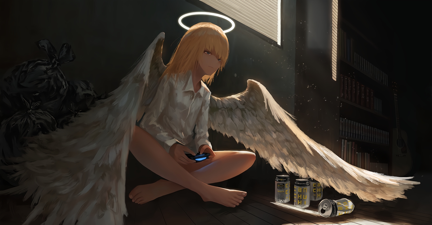 angel, barefoot, blonde_hair, blue_eyes, book, dark, drink, feathers