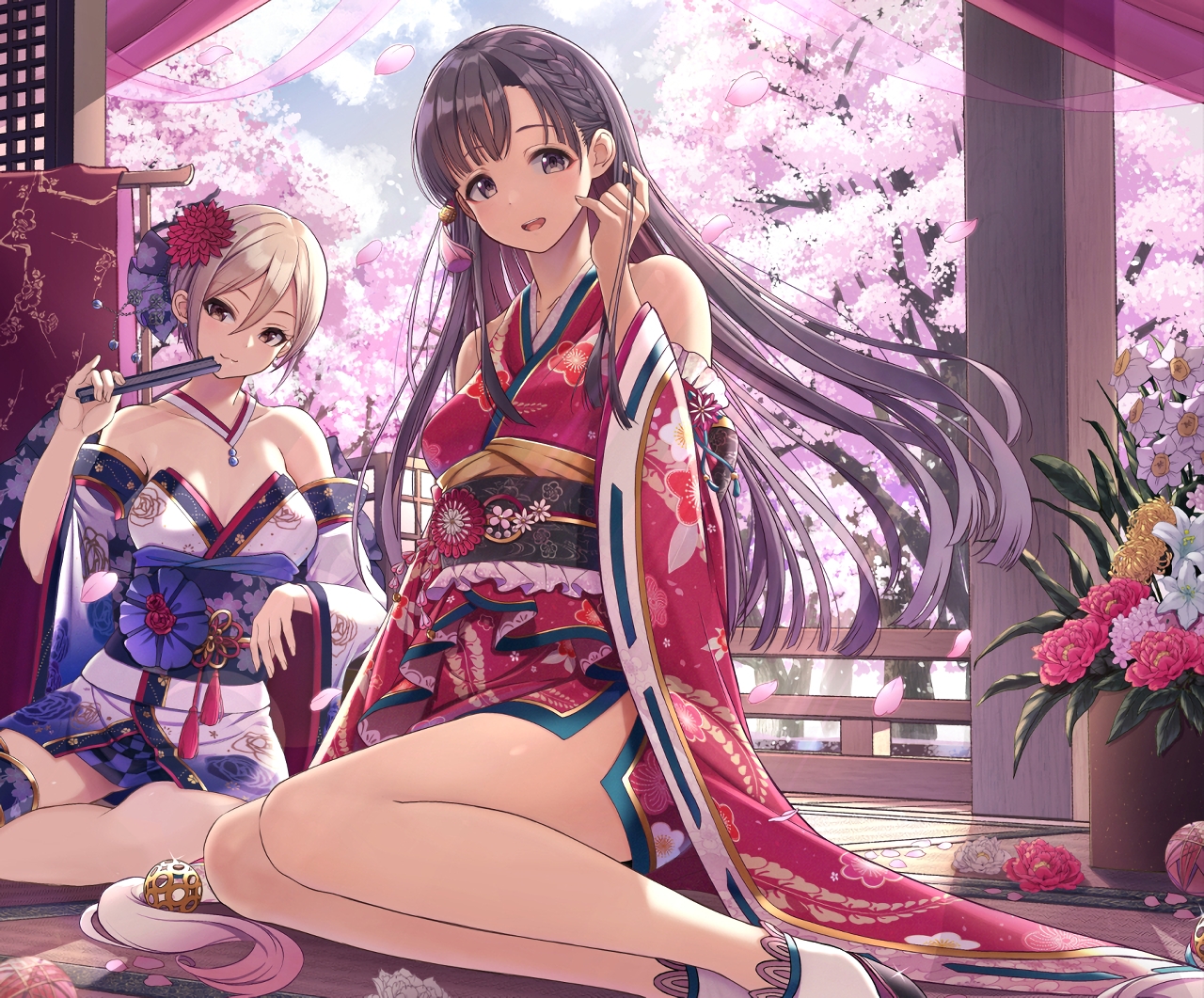 2girls, black_eyes, black_hair, brown_eyes, brown_hair, cherry_blossoms, fang, flowers, idolmaster, idolmaster_cinderella_girls, japanese_clothes, kobayakawa_sae, long_hair, migimaki_(migi_mawashi), petals, shiomi_shuuko, short_hair, waifu2x