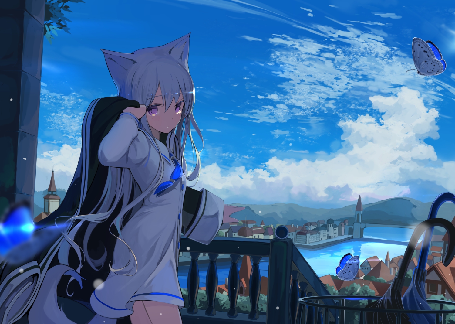 animal_ears, building, butterfly, city, clouds, dress, gray_hair, long_hair