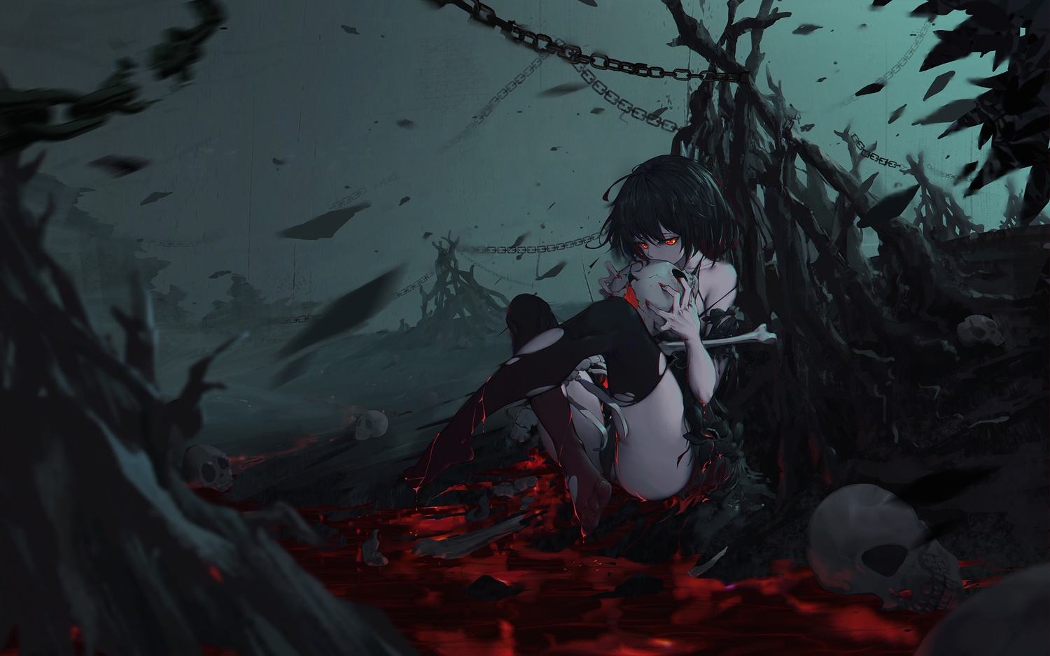 asa_ni_haru, black_hair, blood, bones, chain, honkai_impact, honkai_(series), red_eyes, seele_vollerei, short_hair, skull, thighhighs, torn_clothes, veliona