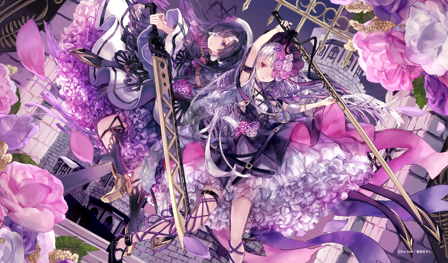 2girls, long_hair, nova_(tcg), opopowa, sword, weapon