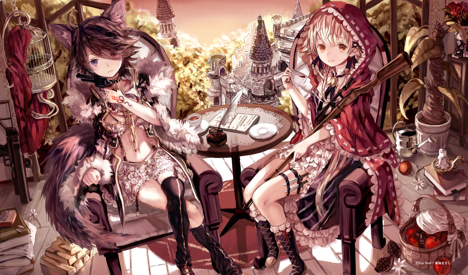 2girls, animal_ears, bicolored_eyes, gun, little_red_riding_hood, nova_(tcg), opopowa, thighhighs