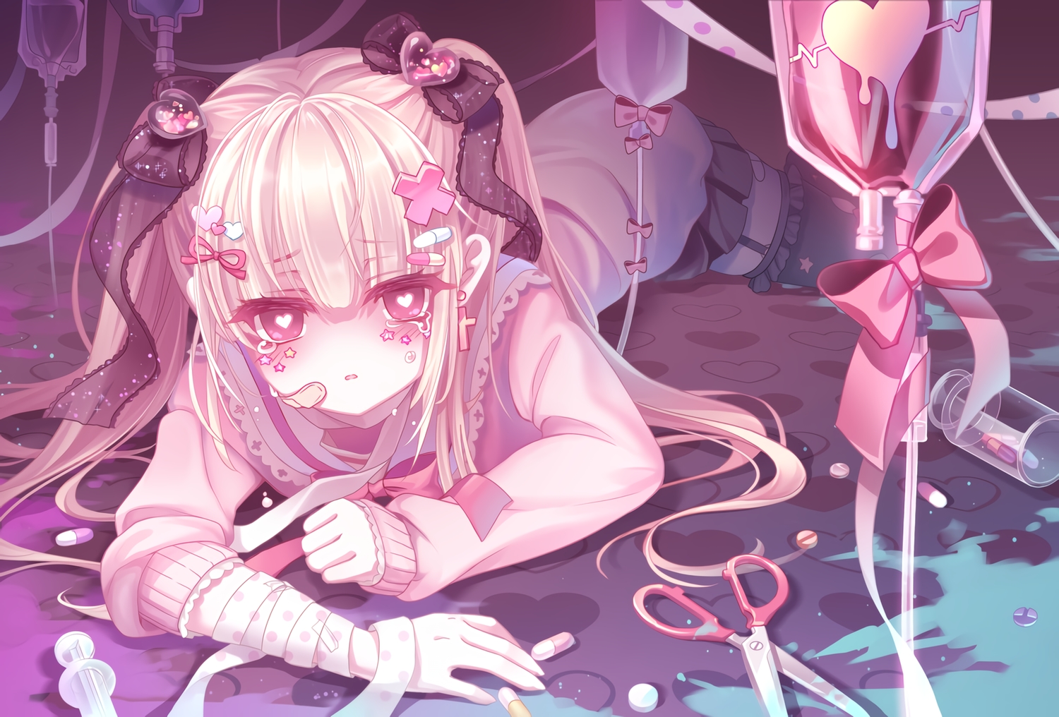 bandage, bow, cross, garter_belt, karen_(navy_42), long_hair, original, pink_eyes, polychromatic, school_uniform, skirt, stockings, tears, twintails, waifu2x, white_hair