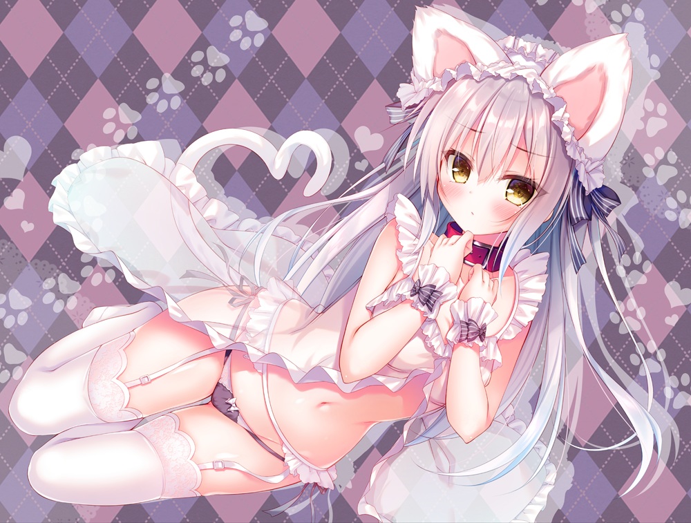 animal_ears, blush, catgirl, collar, garter_belt, gray_hair, headdress, long_hair, navel, original, panties, rokudou_itsuki, stockings, tail, underwear, wristwear, yellow_eyes