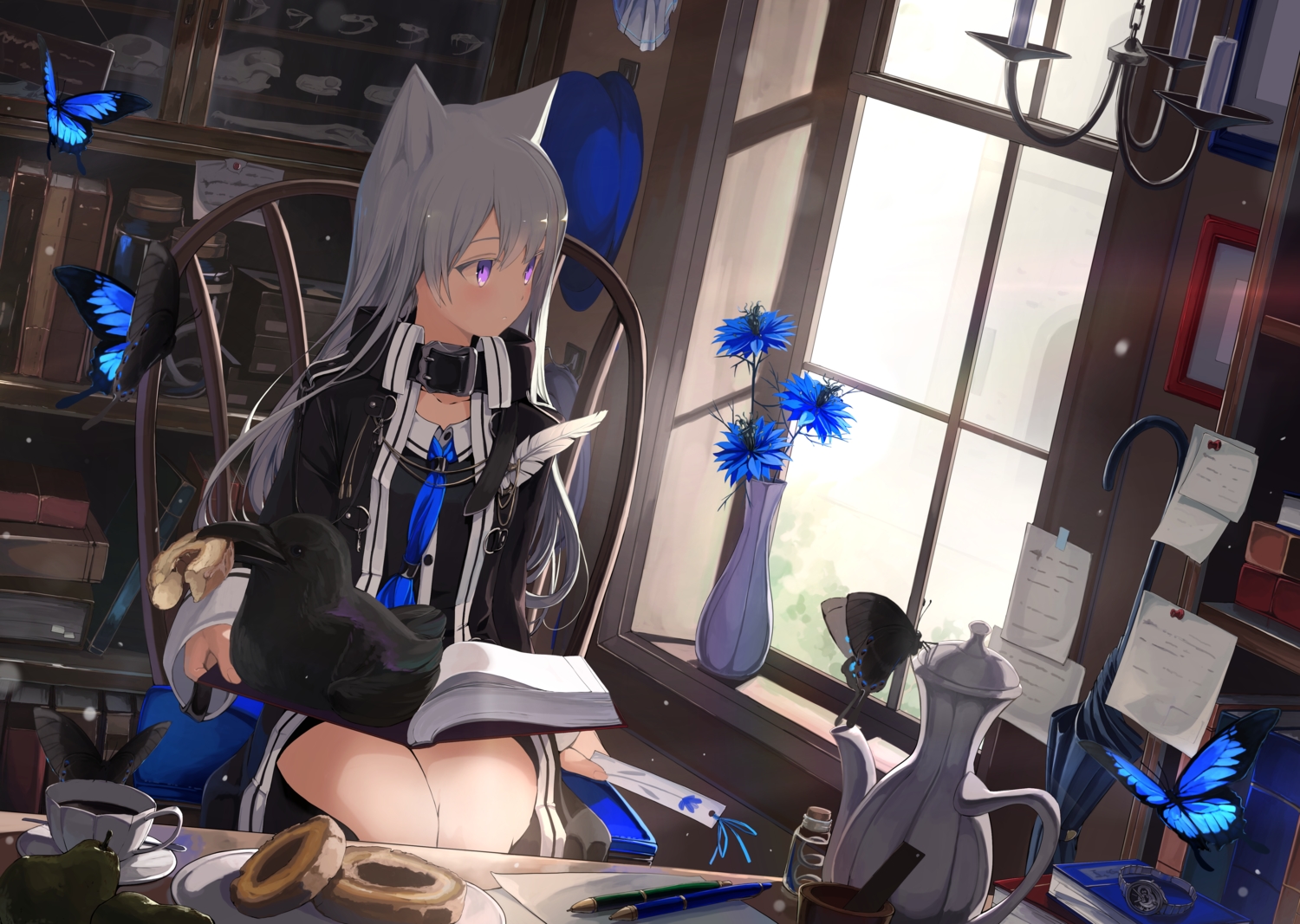 animal, animal_ears, bird, blush, book, butterfly, collar, drink