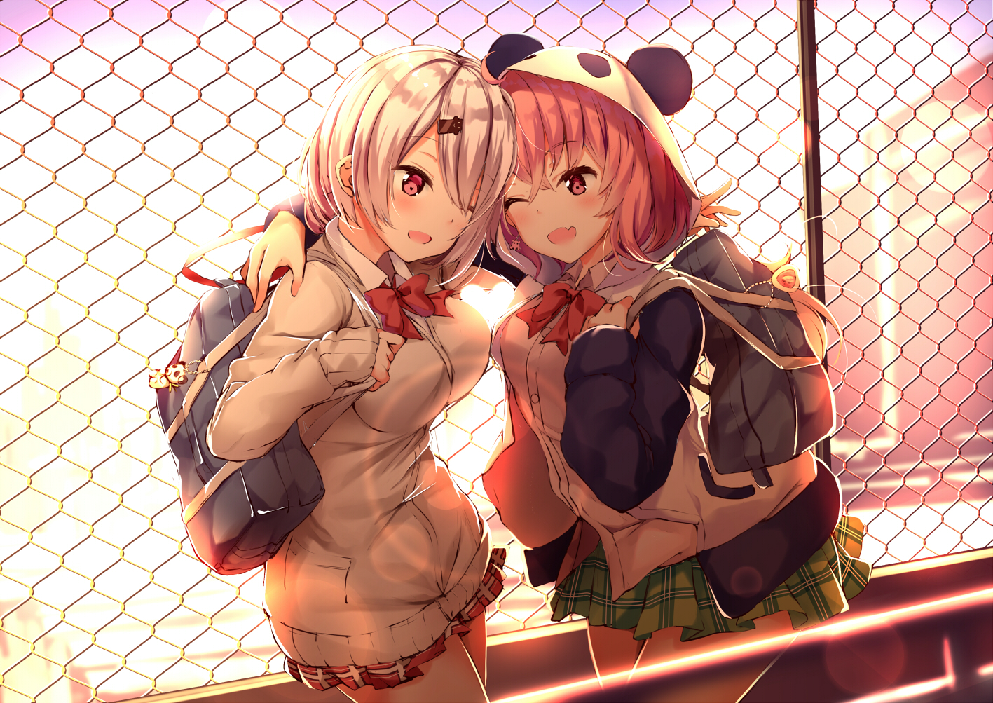 2girls, animal_ears, blush, bow, gray_hair, hug, long_hair, nijisanji