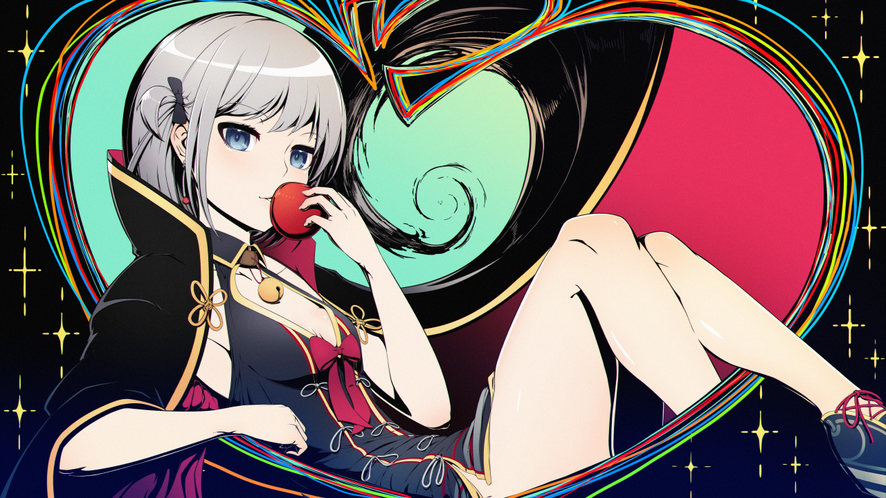 aliasing, apple, bell, blue_eyes, cape, food, fruit, gray_hair, kyousin, otogi_resurrection, short_hair, yukihime_ringo