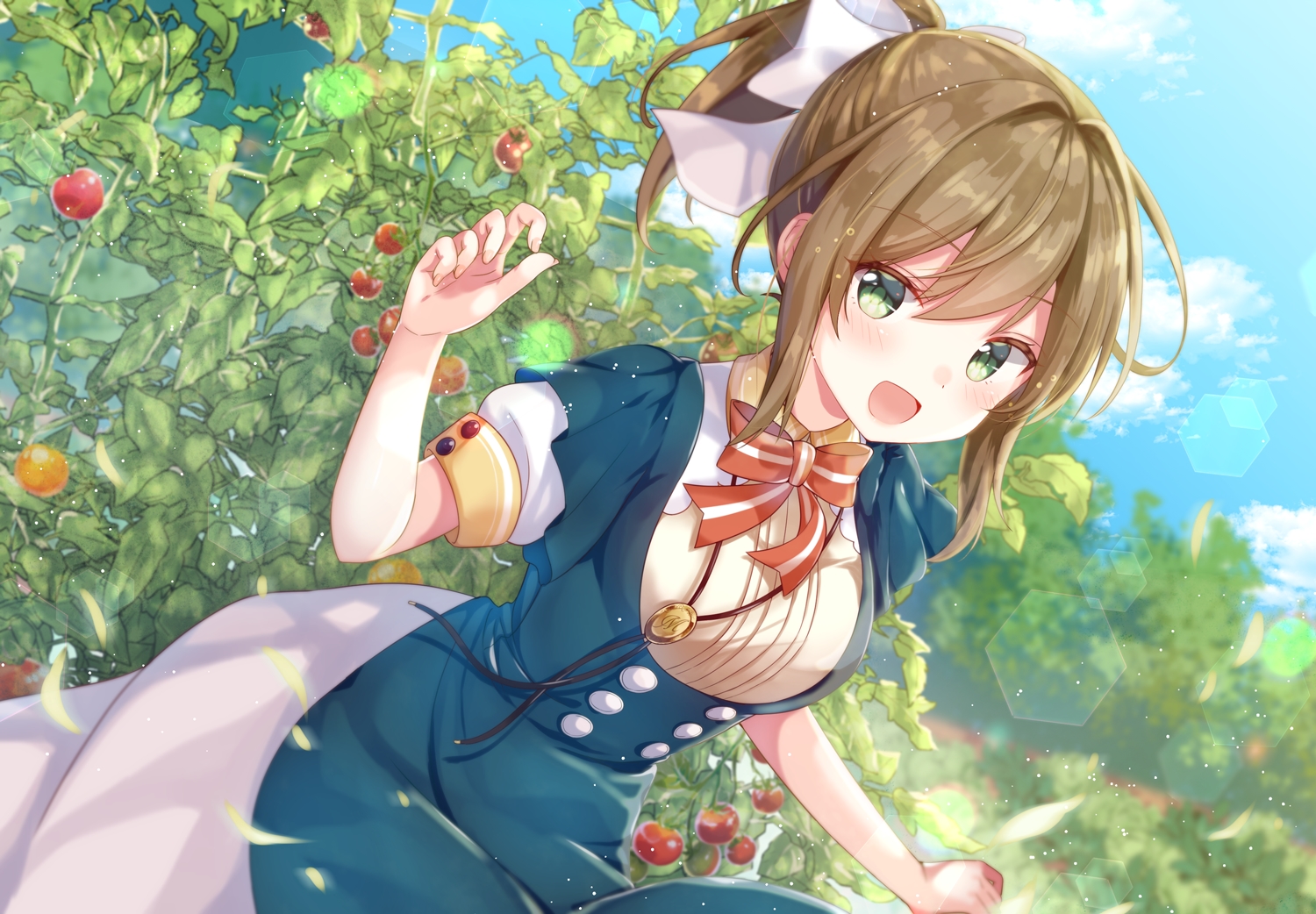 blush, brown_hair, clouds, dress, food, fruit, gomano_rio, green