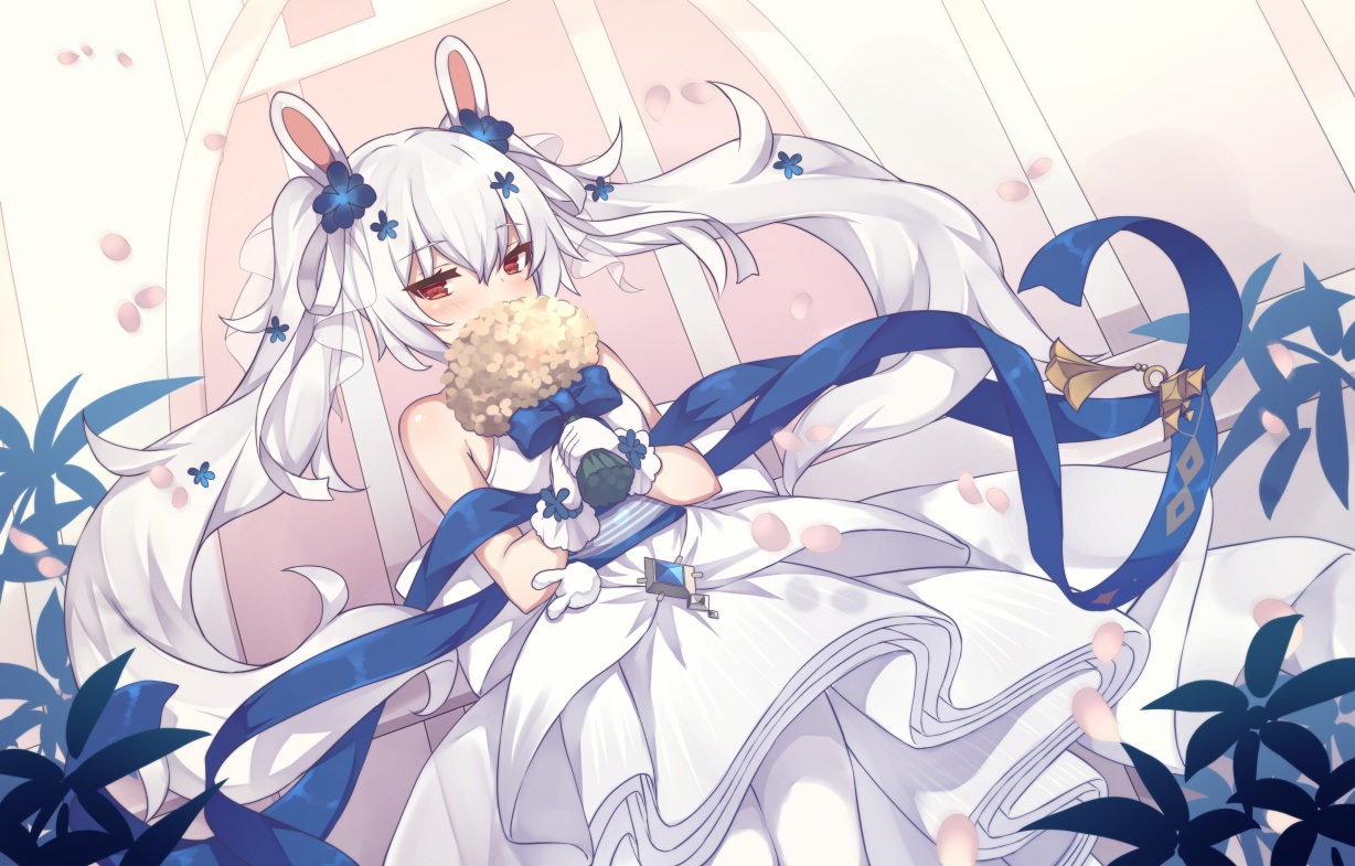 animal_ears, anthropomorphism, azur_lane, blush, bunny_ears, bunnygirl, dress, flowers
