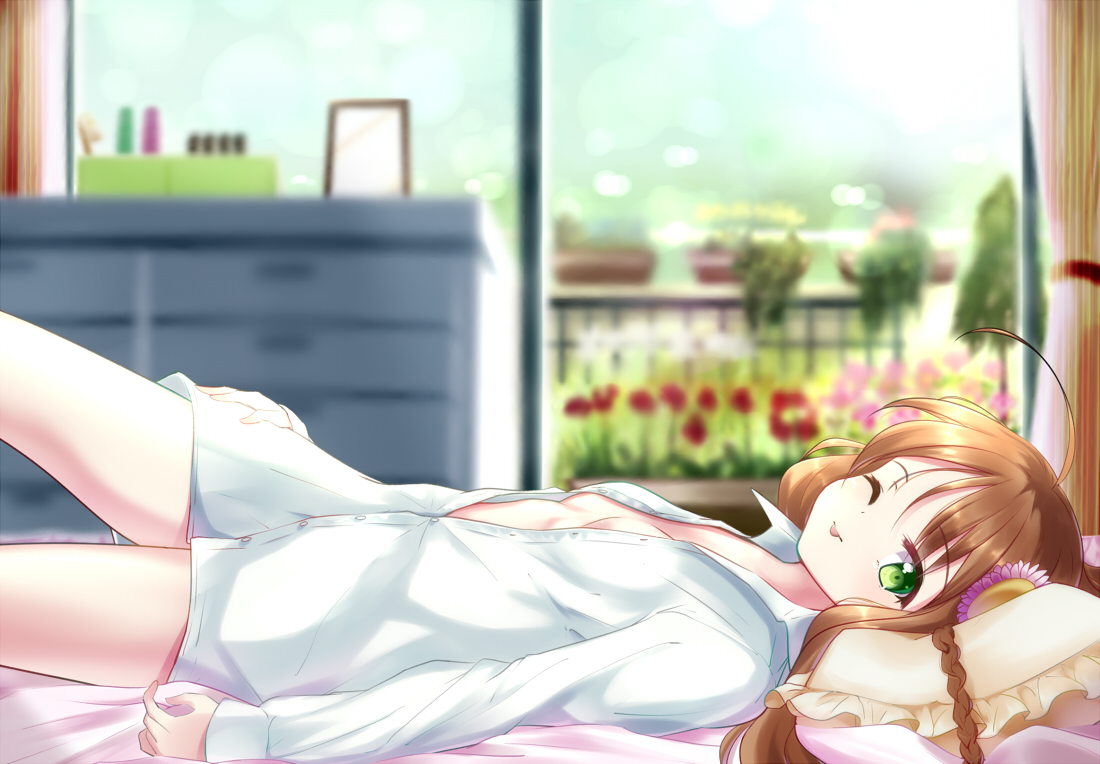 bed, braids, breasts, brown_hair, green_eyes, kanbe_kotori, long_hair, no_bra