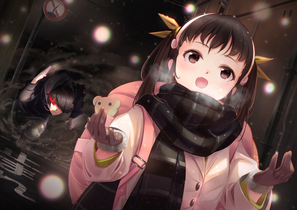 araragi_koyomi, bakemonogatari, gloves, hachikuji_mayoi, loli, male, monogatari_(series), scarf