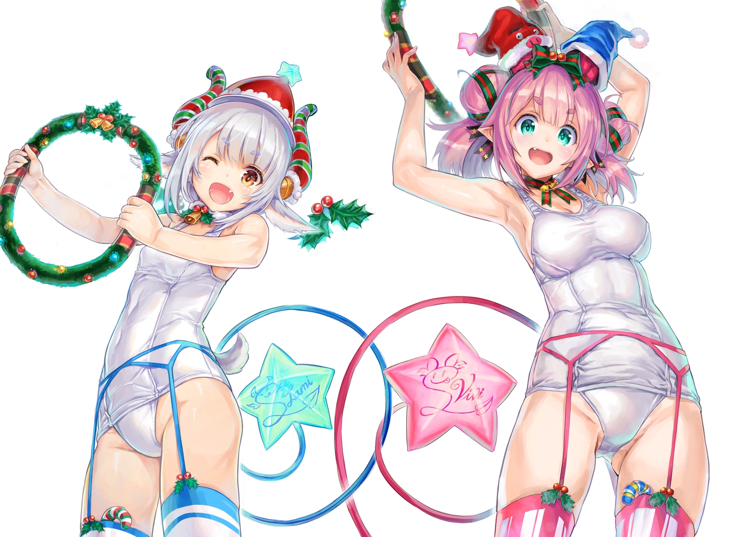 2girls, christmas, fang, garter_belt, gray_hair, green_eyes, horns, kiyama_satoshi, lami_shia, pink_hair, pointed_ears, school_swimsuit, shia_sisters, short_hair, skintight, stockings, swimsuit, tail, twintails, vivi_shia, wink, yellow_eyes