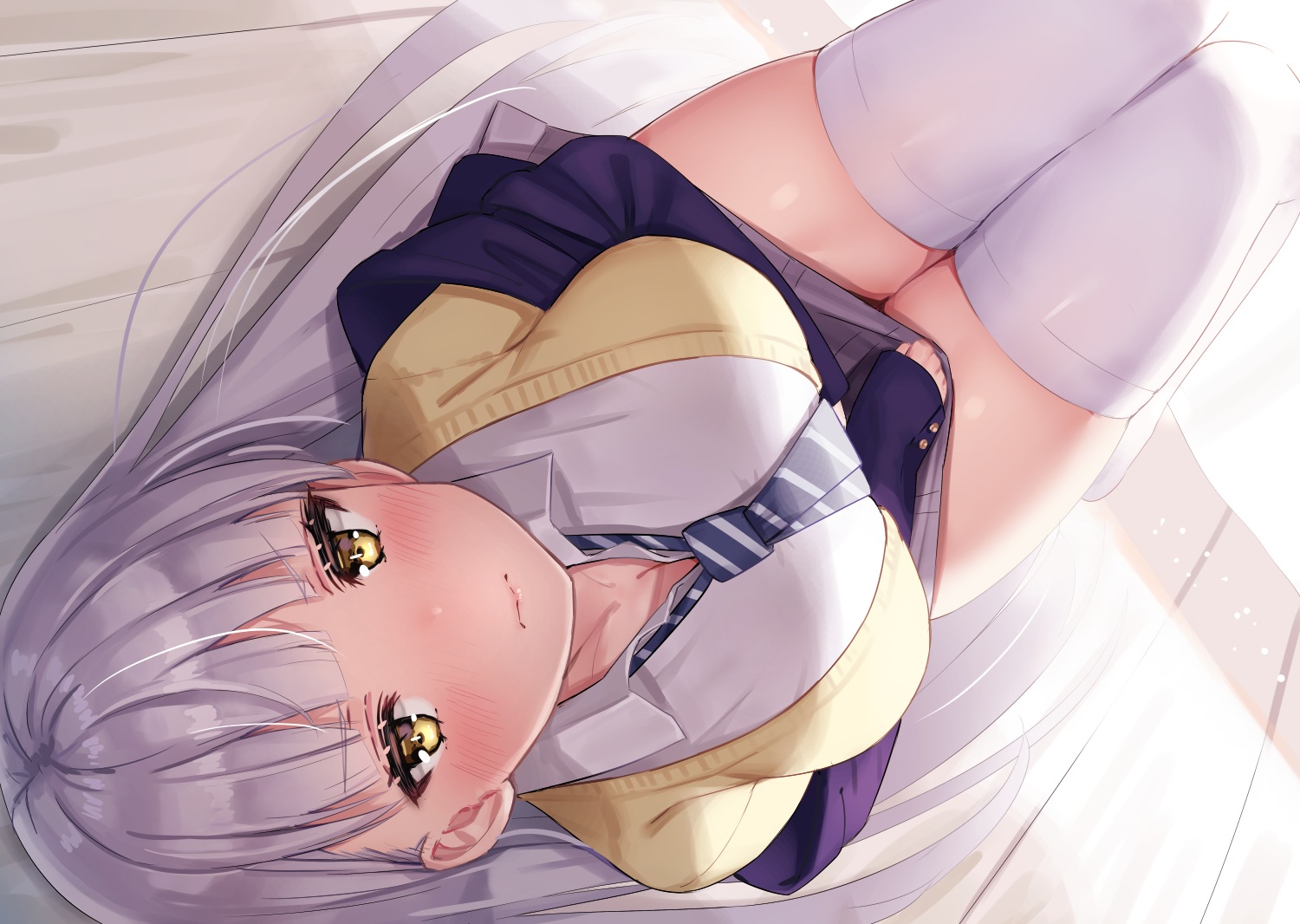 bed, blush, close, gray_hair, original, reinama, school_uniform, skirt