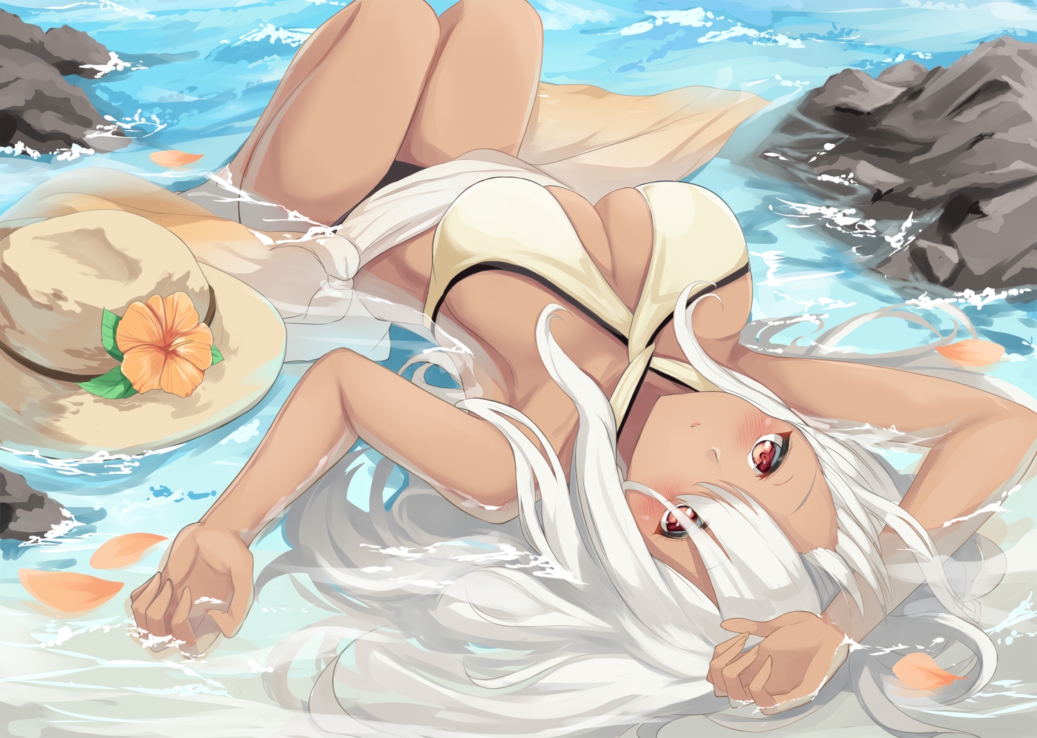 bikini, blush, dark_skin, flowers, hat, igayan, long_hair, original