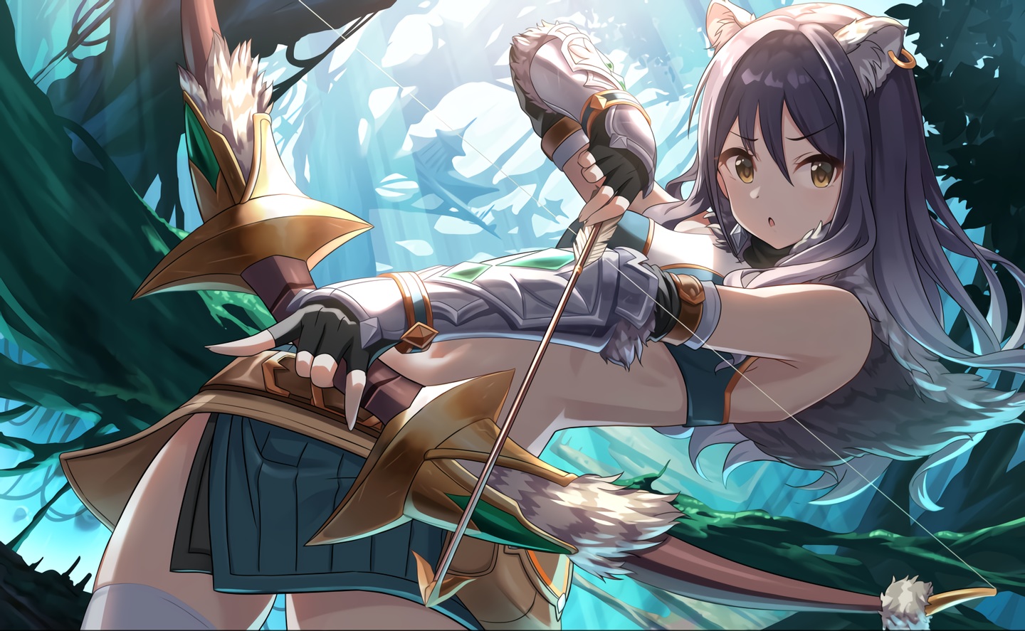 animal_ears, black_hair, bow_(weapon), brown_eyes, catgirl, kashiwazaki_shiori, long_hair, navel, princess_connect!, skirt, tamakaga, thighhighs, tree, waifu2x, weapon
