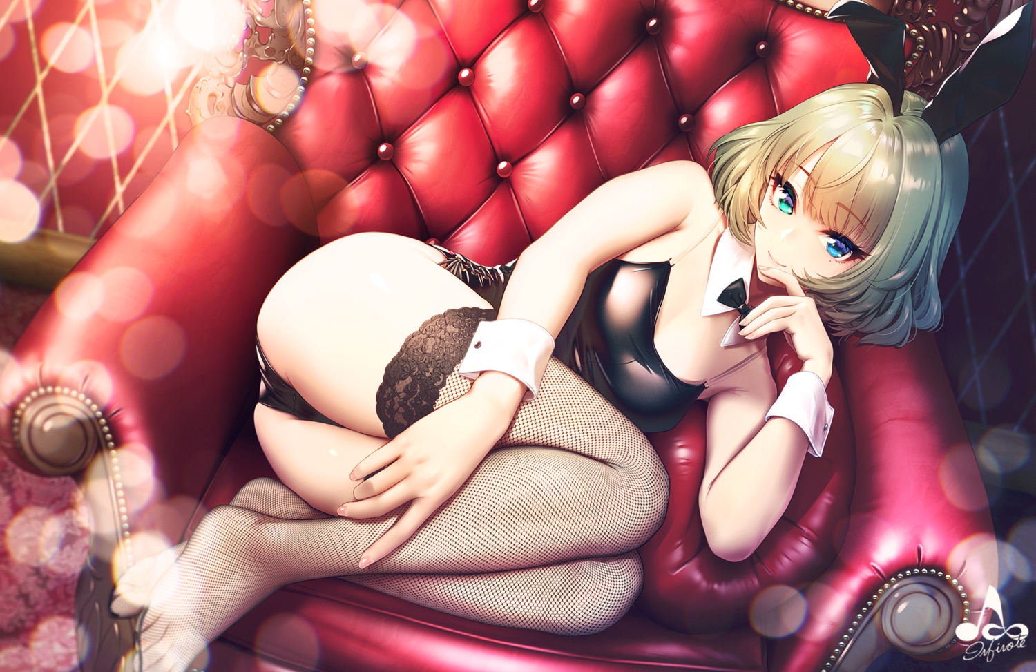 animal_ears, bicolored_eyes, bunny_ears, bunnygirl, green_hair, idolmaster, idolmaster_cinderella_girls, infinote, short_hair, takagaki_kaede, thighhighs, watermark