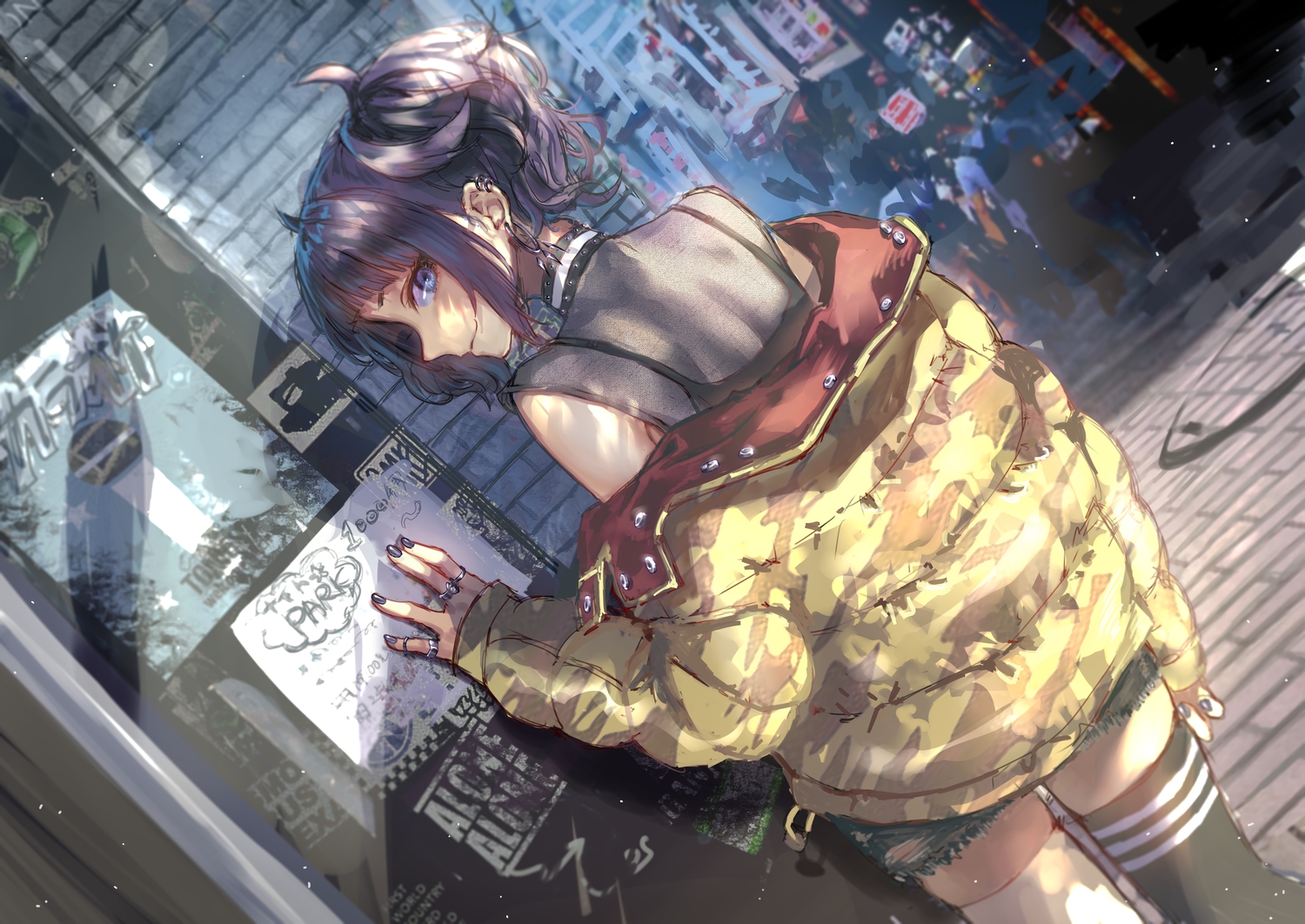 building, idolmaster, idolmaster_shiny_colors, long_hair, purple_eyes, purple_hair, roki_(0214278), shorts