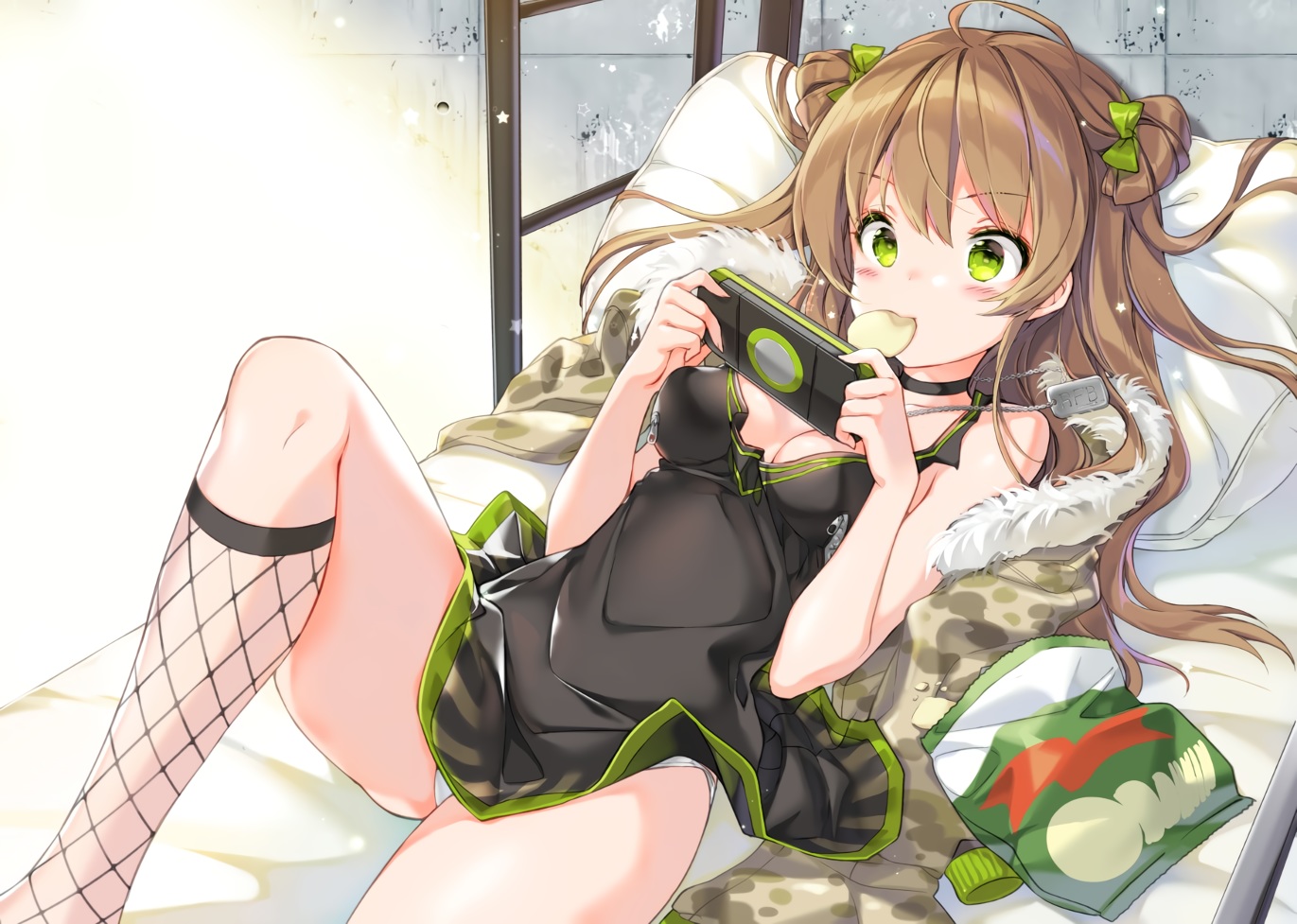 anthropomorphism, bed, blush, bow, breasts, brown_hair, choker, cleavage