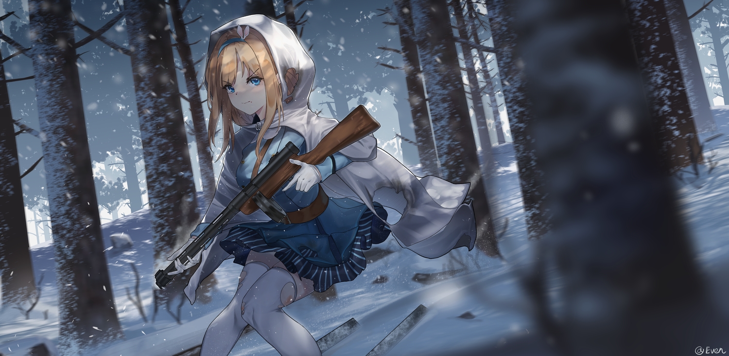 anthropomorphism, even_(even_yiwen), girls_frontline, gun, signed, suomi_(girls_frontline), thighhighs, torn_clothes