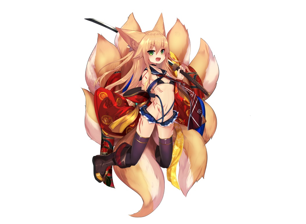 animal_ears, bikini, blonde_hair, boots, fang, flat_chest, foxgirl, green_eyes