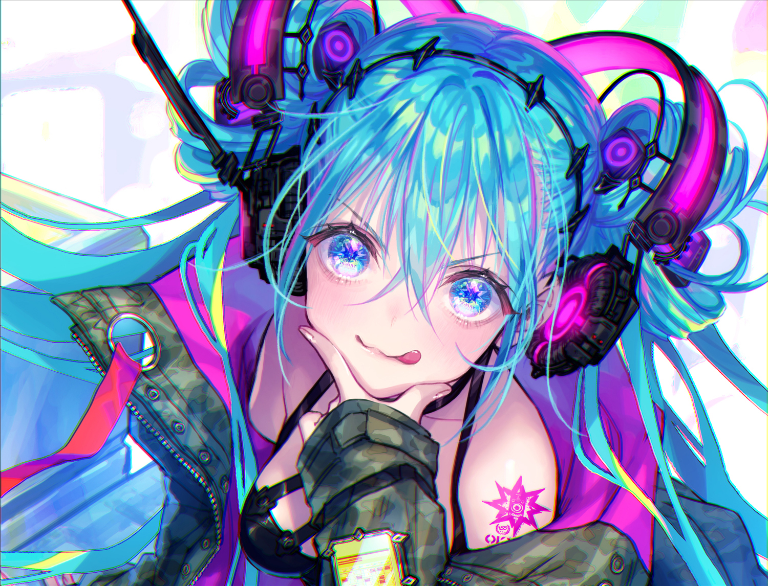 aqua_eyes, aqua_hair, close, hatsune_miku, headphones, long_hair, tattoo, vocaloid