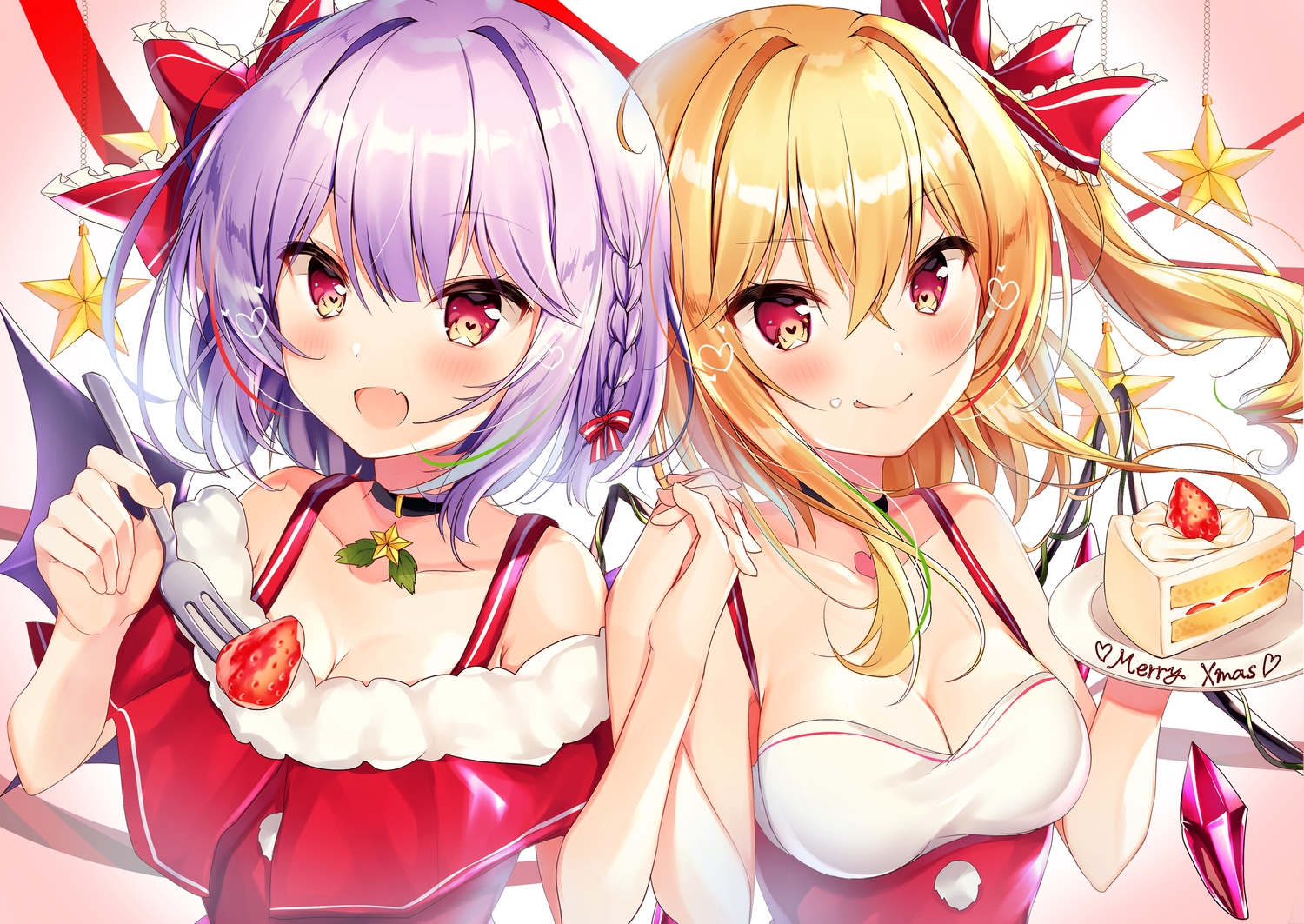 2girls, blonde_hair, blush, braids, breasts, cake, christmas, cleavage, close, fang, flandre_scarlet, food, fruit, long_hair, nenobi_(nenorium), purple_hair, red_eyes, remilia_scarlet, short_hair, strawberry, touhou, vampire, wings