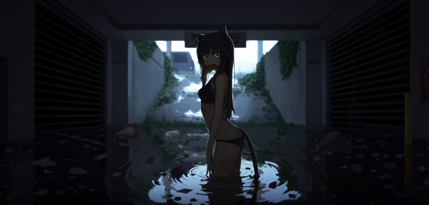 animal, animal_ears, bikini, black_hair, catgirl, dark, fish, original, swimsuit, tail, third-party_edit, water, wozora, yellow_eyes